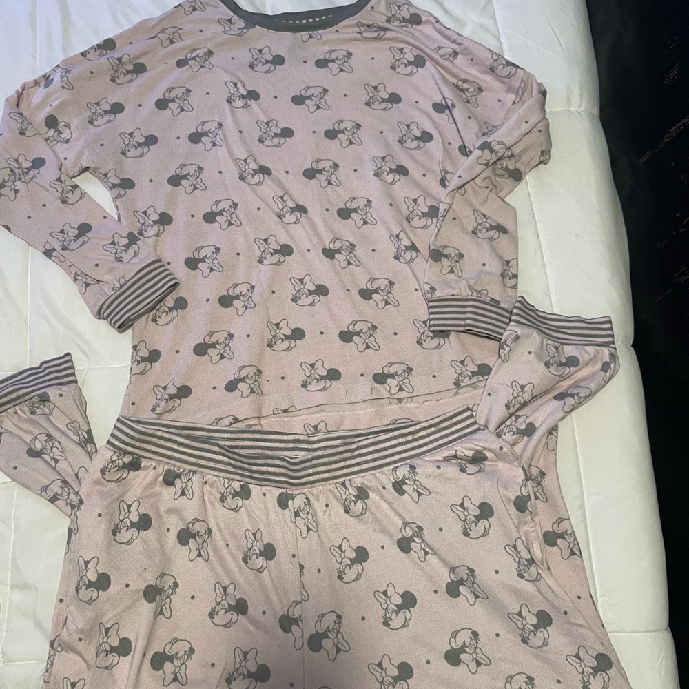 Disney Pink Minnie Mouse Long Sleeve Pajama Set with Gray Trim